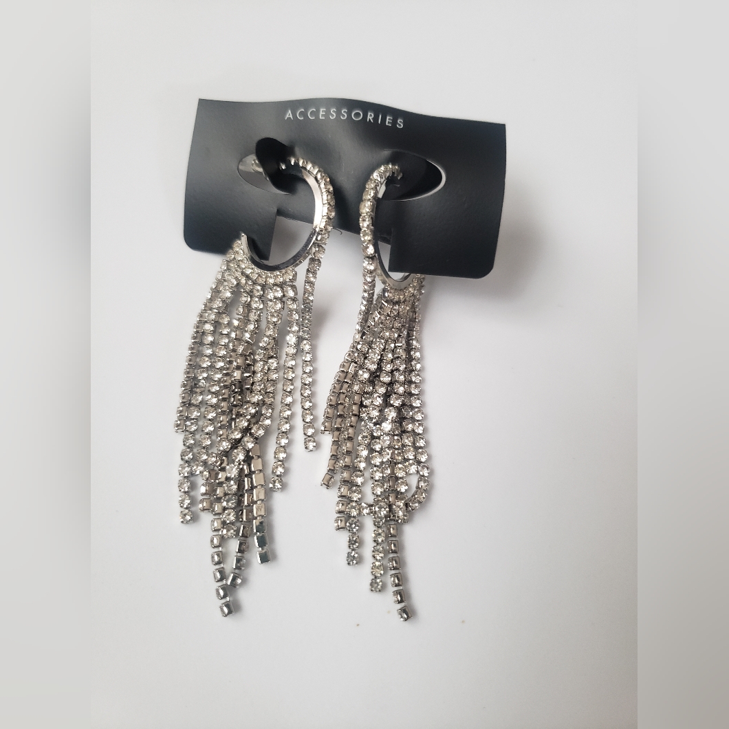 New Accessories Sivler Tone Waterfall Rhinestone Earrings